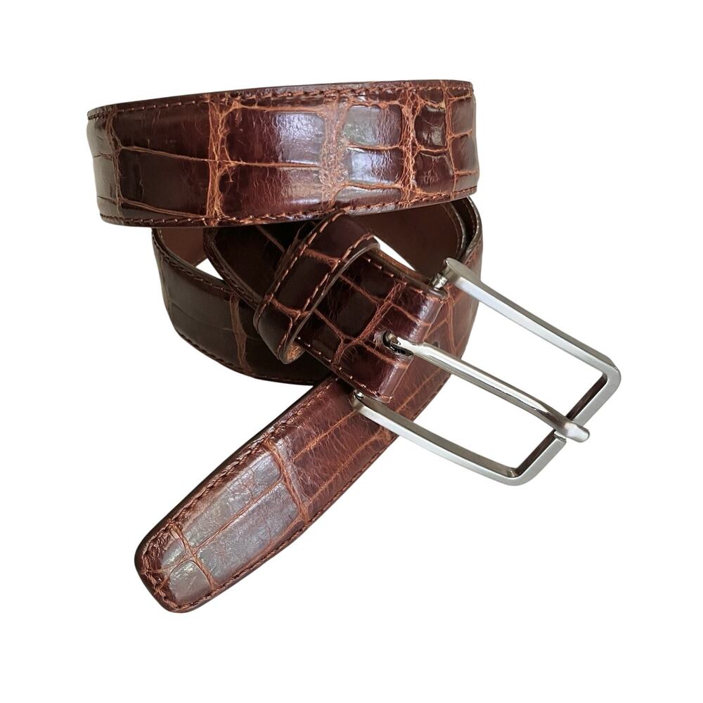 Men’s Brown Dress Belt American Alligator Made In Italy MCM Silver Buckle SZ 36